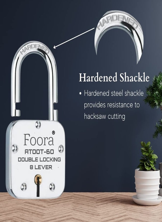 Foora ATOOT-60 Double Locking Padlock, 8 Lever Security, Hardened Shackle, 60mm, 5 Keys, Silver - Image 3